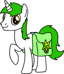 Size: 558x648 | Tagged: safe, artist:lonstecation, derpibooru import, oc, oc only, oc:lonstecation, pony, unicorn, g4, 3 legs, bag, horn, lc symbol, male, raised hoof, raised leg, saddle bag, simple background, solo, sparkle, stallion, transparent background