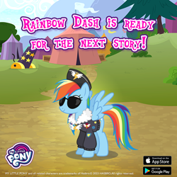 Size: 1080x1080 | Tagged: safe, derpibooru import, rainbow dash, pegasus, cannon, gameloft, outdoors, solo, sunglasses, tent