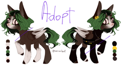 Size: 2400x1300 | Tagged: safe, derpibooru import, oc, oc only, pegasus, pony, adoptable, adopted, adoption, bag, black and white, brown eyes, brown skin, fixed, flower, grayscale, green hair, green tail, horn, monochrome, simple background, smiling, solo, sunflower, tail, white background