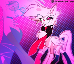 Size: 1368x1198 | Tagged: safe, artist:sameriya_031, derpibooru import, demon, demon pony, pegasus, pony, angel dust (hazbin hotel), bowtie, clothes, colored sclera, crossover, glasses, hazbin hotel, hellaverse, male, necktie, patterned background, polka dot background, ponified, self paradox, self ponidox, sharp teeth, six legs, socks, species swap, stallion, teeth