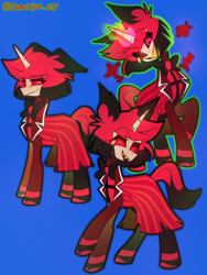 Size: 1108x1477 | Tagged: safe, artist:sameriya_031, derpibooru import, demon, demon pony, pony, unicorn, alastor, blue background, bowtie, clothes, coat, colored sclera, crossover, hazbin hotel, hellaverse, horn, looking at you, male, monocle, multeity, necktie, ponified, sharp teeth, simple background, smiling, species swap, stallion, teeth