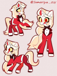 Size: 1108x1477 | Tagged: safe, artist:sameriya_031, derpibooru import, demon, demon pony, pony, unicorn, beige background, bowtie, charlie morningstar, clothes, coat, colored sclera, crossover, female, hazbin hotel, hellaverse, horn, looking at you, mare, multeity, necktie, ponified, simple background, smiling, species swap