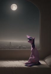 Size: 832x1216 | Tagged: safe, ai content, derpibooru import, machine learning generated, twilight sparkle, unicorn twilight, pony, unicorn, bed, city, cutie mark, female, full moon, looking away, mare, moon, on bed, prompter:thehyperinsectoid, scenery, sitting, sitting on bed, solo, window