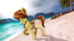 Size: 3840x2160 | Tagged: safe, derpibooru import, edit, oc, oc only, earth pony, pony, 3d, beach, bikini, clothes, earth pony oc, female, feral, glasses, milf, open pony, outdoors, second life, swimsuit