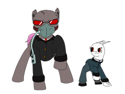 Size: 3266x2449 | Tagged: safe, artist:timejumper, derpibooru import, oc, oc only, oc:dandy, oc:eyriss metalsmith, elf, original species, pony, clothes, commission, duo, glasses, madness combat, mask, mutant, necktie, rebreather, simple background, suit, sunglasses, transparent background