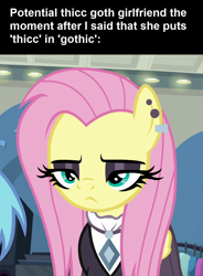 Size: 848x1152 | Tagged: safe, derpibooru import, editor:fluttershyisnot adoormat, screencap, fluttershy, fake it 'til you make it, g4, annoyed, clothes, cropped, ear piercing, eyeshadow, female, fluttergoth, fluttershy is not amused, goth, gothic, makeup, mare, meme, offscreen character, piercing, pov, unamused