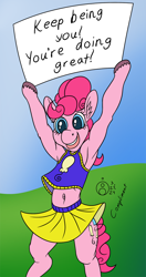 Size: 632x1200 | Tagged: safe, artist:sepiakeys, derpibooru import, pinkie pie, pony, bipedal, clothes, shirt, sign, skirt, solo