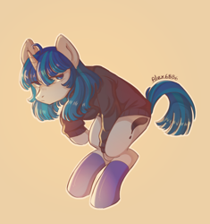 Size: 1392x1483 | Tagged: safe, artist:alex6886, derpibooru import, stygian, pony, unicorn, bipedal, bipedal leaning, blue eyes, blue mane, clothes, gradient background, gray coat, horn, leaning, looking at you, male, socks, solo, stockings, stygian's cutie mark, sweater, thigh highs, turtleneck