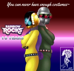 Size: 3023x2894 | Tagged: safe, artist:wolfjarl, derpibooru import, applejack, rarity, human, equestria girls, g4, applerack, back to back, breasts, clothes, costume, daft punk, daft rarity, duo, duo female, female, lesbian, rainbow rocks 10th anniversary, rarijack, raritits, shipping