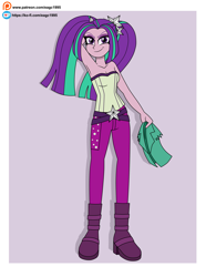 Size: 2497x3361 | Tagged: safe, artist:eagc7, derpibooru import, aria blaze, equestria girls, g4, rainbow rocks, armpits, bare shoulders, belt, clothes, female, jacket, ko-fi, pants, patreon, rainbow rocks 10th anniversary, sleeveless, solo, strapless, tube top