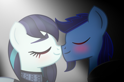 Size: 3000x2000 | Tagged: safe, artist:starless, derpibooru exclusive, derpibooru import, coloratura, oc, oc:starless, earth pony, blushing, canon x oc, eyes closed, female, male, mare, nuzzling, ship:rarastar, shipping, stallion, straight