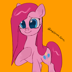 Size: 4096x4096 | Tagged: safe, artist:metaruscarlet, derpibooru import, pinkie pie, earth pony, pony, g4, cute, cuteamena, diapinkes, hoof on chest, pinkamena diane pie, raised hoof, raised leg, simple background, solo, yellow background