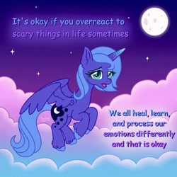 Size: 1500x1500 | Tagged: safe, artist:faelingmagic, derpibooru import, princess luna, alicorn, pony, g4, female, full moon, mare, moon, night, outdoors, positive message, positive ponies, s1 luna, solo