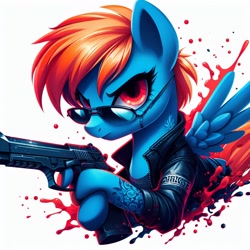 Size: 1024x1024 | Tagged: safe, ai content, derpibooru import, machine learning generated, oc, oc:mystic skies, pony with gun, prompter needed