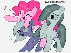 Size: 4096x3072 | Tagged: safe, artist:metaruscarlet, derpibooru import, limestone pie, marble pie, pinkie pie, earth pony, pony, g4, gray background, music notes, open mouth, raised hoof, raised leg, simple background, sweat