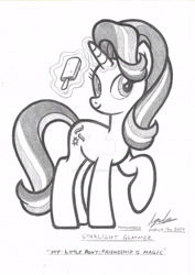 Size: 1024x1450 | Tagged: safe, artist:famousmari5, derpibooru import, starlight glimmer, pony, unicorn, food, horn, looking at you, monochrome, popsicle, raised leg, signature, text, traditional art