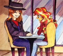 Size: 2329x2093 | Tagged: safe, artist:liaaqila, derpibooru import, sunset shimmer, oc, human, equestria girls, g4, canon x oc, chair, date, duo, duo male and female, fedora, female, hat, male, smiling, straight, table, traditional art, window