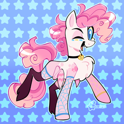 Size: 2048x2048 | Tagged: safe, artist:3ggmilky, derpibooru import, oc, oc only, demon, demon pony, earth pony, monster pony, original species, pony, spiderpony, g4, bipedal, blank flank, blue eyes, blue pupils, boots, chest fluff, choker, clothes, colored pinnae, colored pupils, colored sclera, crossover fusion, curly hair, curly mane, curly tail, earth pony oc, eye markings, facial markings, fangs, fishnet clothing, fishnet stockings, fusion, fusion:angel dust (hazbin hotel), fusion:pinkie pie, gradient background, gradient mane, gradient tail, hazbin hotel, heart choker, high heel boots, leg markings, leg stripes, long tail, looking at you, one eye closed, open mouth, open smile, outline, patterned background, pink coat, pink mane, pink tail, raised hoof, raised leg, shoes, signature, smiling, smiling at you, solo, spider legs, stockings, striped mane, striped tail, stripes, tail, thigh highs, thin, three quarter view, wink, yellow sclera