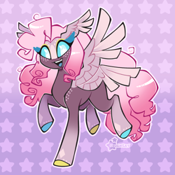 Size: 2048x2048 | Tagged: safe, artist:3ggmilky, derpibooru import, oc, oc only, angel, angel pony, original species, pony, seraph, g4, blank flank, blaze (coat marking), blue eyes, blue eyeshadow, blue sclera, brown coat, brown wings, coat markings, colored hooves, colored sclera, colored wings, colored wingtips, cream wingtips, crossover fusion, curly hair, curly mane, curly tail, eye markings, eyelashes, eyeshadow, facial markings, facing you, female, female oc, fusion, fusion:pinkie pie, fusion:sera (hazbin hotel), gradient background, gradient legs, hazbin hotel, head wings, hooves, leg markings, long mane, long tail, looking away, makeup, mare, mare oc, mismatched hooves, multiple wings, open mouth, open smile, outline, patterned background, pink mane, pink tail, raised hoof, raised leg, signature, smiling, socks (coat marking), solo, spread wings, standing, standing on one leg, starry eyes, tail, two toned wings, white pupils, wingding eyes, wings