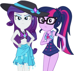 Size: 2608x2520 | Tagged: safe, derpibooru import, edit, edited screencap, editor:homersimpson1983, screencap, rarity, sci-twi, twilight sparkle, human, equestria girls, forgotten friendship, g4, background removed, bikini, clothes, duo, duo female, equestria girls specials, female, glasses, hand on hip, hat, not a vector, one-piece swimsuit, ponytail, rarity's blue sarong, rarity's purple bikini, sci-twi swimsuit, sun hat, swimsuit