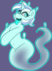 Size: 2613x3614 | Tagged: safe, artist:askhypnoswirl, derpibooru import, oc, oc only, oc:quantum smores, ghost, ghost pony, undead, unicorn, commission, eyelashes, female, horn, looking at you, solo, tongue, tongue out, unicorn oc