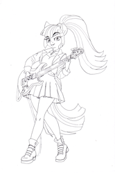 Size: 2177x3281 | Tagged: safe, artist:ciaran, derpibooru exclusive, derpibooru import, sonata dusk, anthro, siren, equestria girls, g4, rainbow rocks, bass guitar, black and white, boots, clothes, disguise, disguised siren, eyebrows, eyebrows visible through hair, female, gem, grayscale, jacket, jewelry, leather, leather jacket, lineart, monochrome, musical instrument, necklace, open mouth, rainbow rocks 10th anniversary, shirt, shoes, singing, siren gem, solo, traditional art, wristband