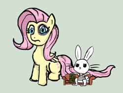 Size: 828x627 | Tagged: safe, artist:jberg18, derpibooru import, angel bunny, fluttershy, pony, abuse, black eye, clothes, duo, flutterbuse, shirt, simple background