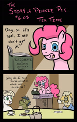 Size: 1200x1888 | Tagged: safe, artist:jberg18, derpibooru import, madame leflour, pinkie pie, rocky, sir lintsalot, pony, book, comic, female, filly, filly pinkie pie, foal, pun, teapot, the story of pinkie pie, visual pun, younger