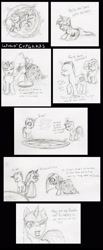 Size: 1200x2918 | Tagged: safe, artist:jberg18, derpibooru import, pinkie pie, rarity, twilight sparkle, pony, fanfic:cupcakes, bald, chalk, clothes, comic, cutie mark dress, dress, magic, magic circle, monochrome, pinkamena diane pie