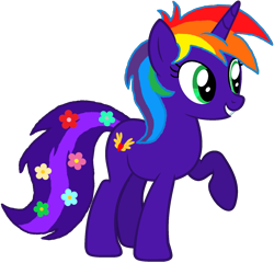 Size: 1647x1581 | Tagged: safe, artist:star-armour95, derpibooru import, oc, oc only, oc:rainbow flower, pony, unicorn, g4, female, flower, flower in tail, horn, multicolored hair, rainbow hair, raised hoof, raised leg, simple background, solo, tail, transparent background