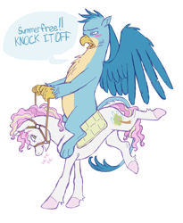 Size: 1280x1563 | Tagged: safe, artist:universalheart, derpibooru import, gallus, oc, oc:summerfree apple, griffon, pony, g4, bridle, bucking, canon x oc, duo, female, interspecies, male, reins, saddle, simple background, speech bubble, straight, tack, white background