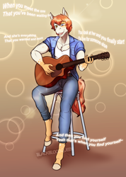 Size: 2558x3600 | Tagged: safe, artist:blackblood-queen, oc, oc only, oc:honeybun meadow, anthro, earth pony, unguligrade anthro, acoustic guitar, anthro oc, barstool, clothes, commission, digital art, earth pony oc, guitar, heterochromia, high res, male, music, musical instrument, pants, shirt, singing, sitting, smiling, solo, stallion