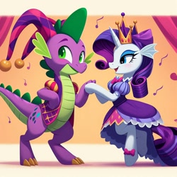 Size: 1024x1024 | Tagged: safe, ai content, machine learning generated, rarity, spike, dragon, unicorn, au, interspecies, jester, jester spike, shipping, sparity