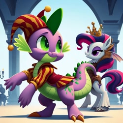 Size: 1024x1024 | Tagged: safe, ai content, machine learning generated, rarity, spike, dragon, unicorn, jester spike, shipping, sparity