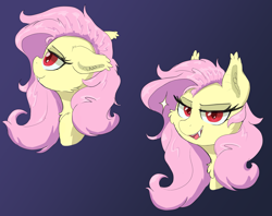 Size: 3387x2683 | Tagged: safe, artist:zzzsleepy, derpibooru import, fluttershy, bat pony, g4, bat ears, bat eyes, bat ponified, bedroom eyes, bust, chest fluff, ear fluff, ears, female, flutterbat, gradient background, mare, open mouth, race swap, red eyes, solo, sparkle, tooth