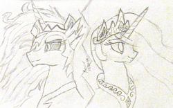 Size: 754x471 | Tagged: safe, artist:ponerr, derpibooru import, daybreaker, princess celestia, alicorn, g4, duo, duo female, female, monochrome, signature