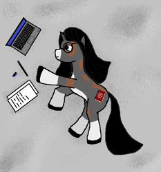 Size: 621x667 | Tagged: safe, alternate version, artist:arandomlonelydude, derpibooru import, oc, oc:anya khan, pony, unicorn, carpet, coat markings, computer, facial markings, horn, laptop computer, long mane, long tail, looking at something, lying down, mealy mouth (coat marking), ms paint, pen, sad, socks (coat marking), solo, tail, unicorn oc