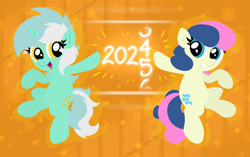 Size: 5782x3629 | Tagged: safe, artist:background basset, derpibooru import, bon bon, lyra heartstrings, sweetie drops, earth pony, pony, unicorn, g4, 2025, abstract background, adorabon, cute, female, happy, happy new year, holiday, horn, lyrabetes, mare, new year, new year 2025, numbers, open mouth, open smile, smiling