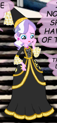 Size: 308x659 | Tagged: safe, artist:ponymaan, derpibooru import, diamond tiara, human, equestria girls, g4, clothes, dress, dressup, gown, hat, hennin, jewelry, long sleeves, necklace, princess, princess costume, princess dress, stairs