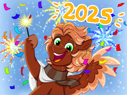 Size: 1654x1241 | Tagged: safe, artist:rutkotka, derpibooru import, oc, oc:golden flare, pegasus, pony, g4, 2025, bandage, broken bone, broken wing, cast, clothes, colored hooves, colored wings, commission, fireworks, freckles, happy new year, happy new year 2025, holiday, hooves, injured, male, nonbinary, pegasus oc, ponified, scarf, short tail, sling, sparkler (firework), species swap, stallion, tail, unshorn fetlocks, wings