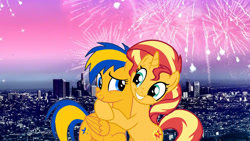 Size: 1920x1080 | Tagged: safe, artist:mlpfan3991, derpibooru import, sunset shimmer, oc, oc:flare spark, pegasus, unicorn, g4, canon x oc, female, fireworks, happy new year, happy new year 2025, holiday, horn, hug, lesbian, los angeles, ship:flareset, shipping