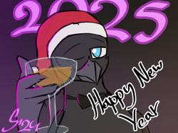 Size: 1500x1125 | Tagged: safe, artist:somber, derpibooru import, oc, oc:corvus, griffon, bowtie, christmas, glass, happy new year, hat, holiday, male, santa hat, solo, text