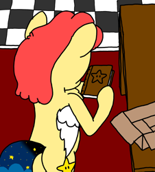 Size: 3023x3351 | Tagged: safe, artist:professorventurer, derpibooru import, oc, oc:power star, pegasus, pony, bipedal, box, butt, carpet, female, high angle, journal, mare, ponified, rule 85, super mario 64, table, tiled floor