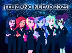 Size: 720x526 | Tagged: safe, derpibooru import, dean cadance, gloriosa daisy, princess cadance, princess celestia, princess luna, principal celestia, rosette nebula, twilight sparkle, vice principal luna, equestria girls, g4, happy new year, holiday, spanish