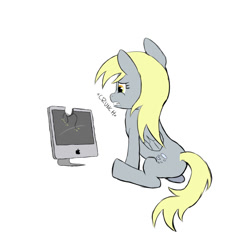 Size: 1000x1000 | Tagged: safe, derpibooru import, derpy hooves, pegasus, pony, g4, bite mark, computer, female, imac, onomatopoeia, simple background, solo, white background