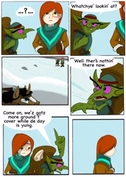 Size: 2843x4000 | Tagged: safe, artist:cactuscowboydan, derpibooru import, oc, human, unicorn, comic:outcasted, comic, female, horn, snow