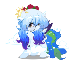 Size: 3000x2646 | Tagged: safe, artist:be_yourself, artist:cosmosloghy, derpibooru import, oc, oc only, oc:altersmay earth, pegasus, pony, cloud, colored wings, eyebrows, eyeshadow, female, flower, flower in hair, glasses, high res, jewelry, looking at you, makeup, necklace, older, older altersmay earth, planet ponies, ponified, raised hoof, raised leg, round glasses, simple background, smiling, smiling at you, solo, space ponies, sparkles, sparkly mane, species swap, transparent background, wings