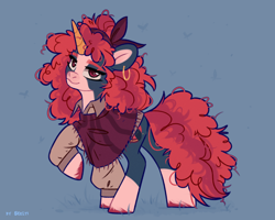 Size: 2500x2000 | Tagged: safe, artist:shelti, derpibooru import, oc, oc only, pony, unicorn, blue background, clothes, coat markings, colored horn, colored pupils, curly hair, ear piercing, earring, female, headband, high res, horn, jewelry, long sleeves, looking at you, mare, messy mane, messy tail, piercing, raised hoof, raised leg, shawl, shirt, simple background, smiling, smiling at you, socks (coat marking), solo, standing, tail, unshorn fetlocks