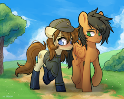 Size: 2500x2000 | Tagged: safe, artist:shelti, derpibooru import, oc, oc only, oc:clover springs, earth pony, pegasus, pony, bipedal, blushing, clothes, duo, duo male and female, empire, female, folded wings, grass, hat, male, mare, military uniform, outdoors, raised hoof, raised leg, sky, stallion, star wars, tree, uniform, wings