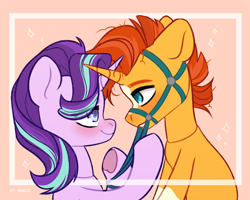 Size: 2500x2000 | Tagged: safe, artist:shelti, derpibooru import, starlight glimmer, sunburst, pony, unicorn, g4, blushing, bridle, dominant, duo, duo male and female, eye contact, female, femdom, heart, heart eyes, high res, horn, horns are touching, looking at each other, looking at someone, male, malesub, mare, messy mane, shipping, signature, simple background, smiling, smiling at each other, stallion, starburst, straight, submissive, tack, underhoof, wingding eyes